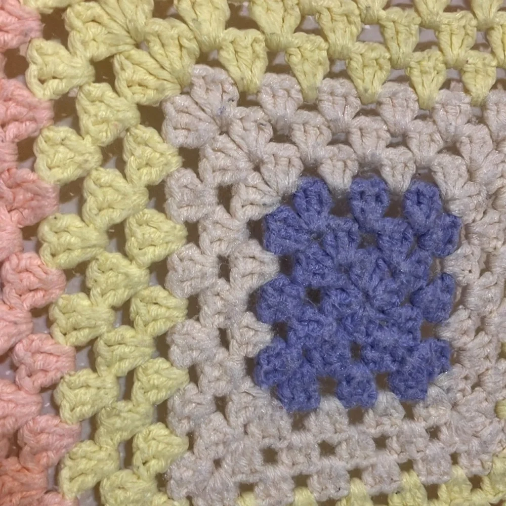 Wool crochet lap blanket in pastels 36 x 36”